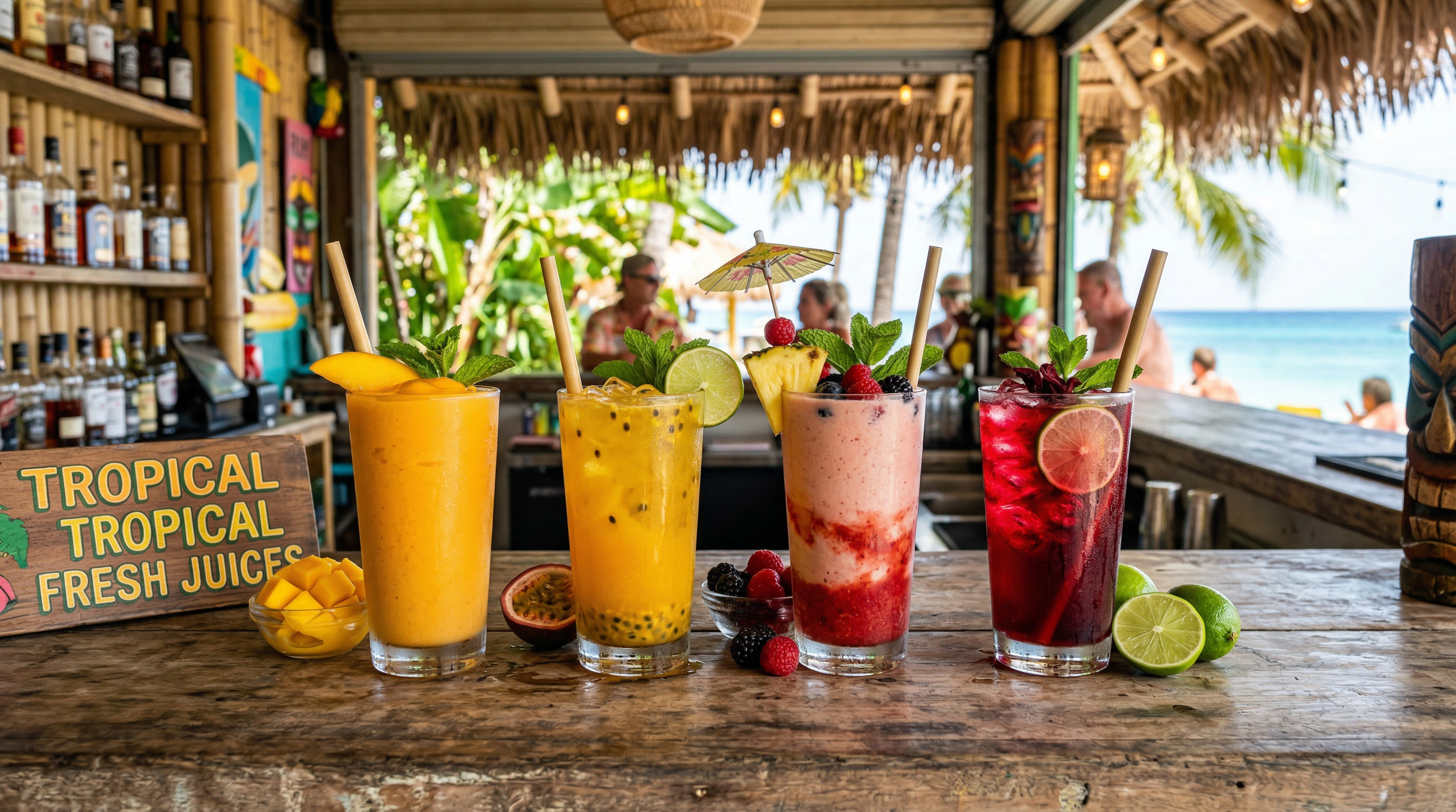Colorful lineup of tropical smoothies and fresh fruit juices