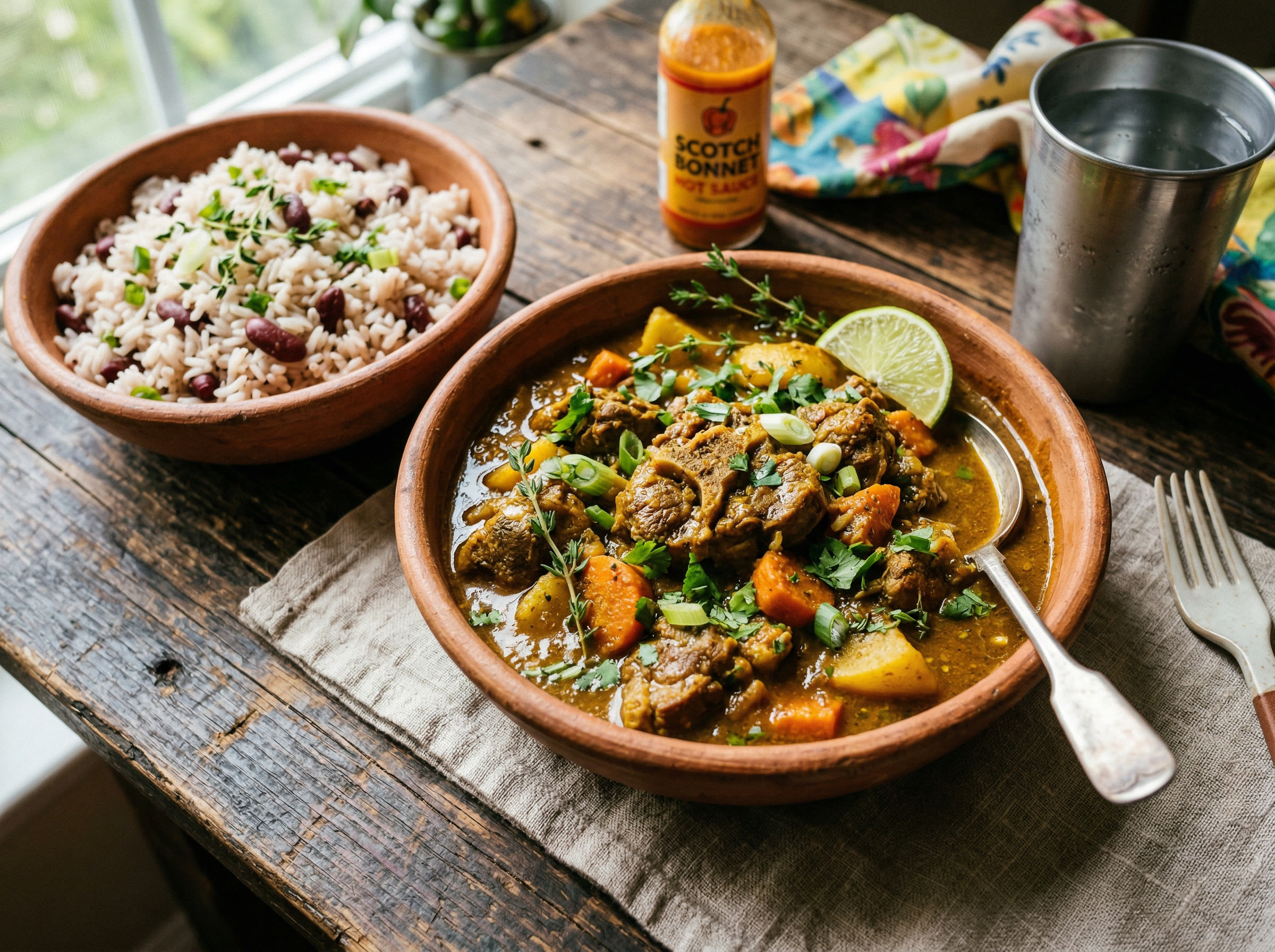 Caribbean curry goat in a clay bowl with rice and peas
