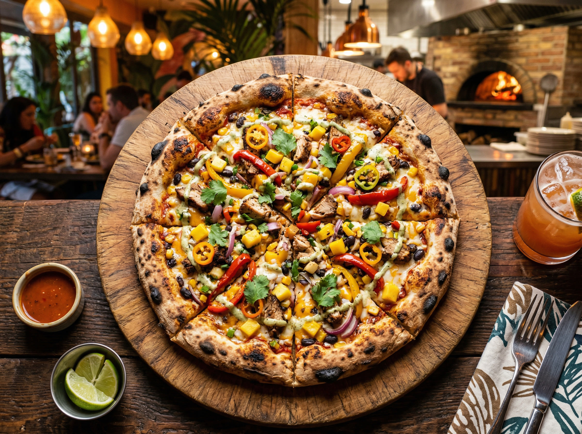 Caribbean special pizza with colorful toppings on a wooden board
