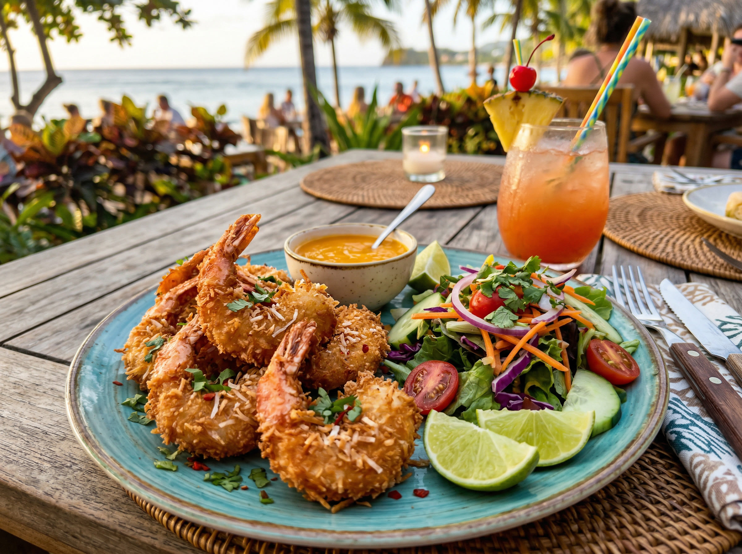 Golden coconut shrimp with tropical dipping sauce