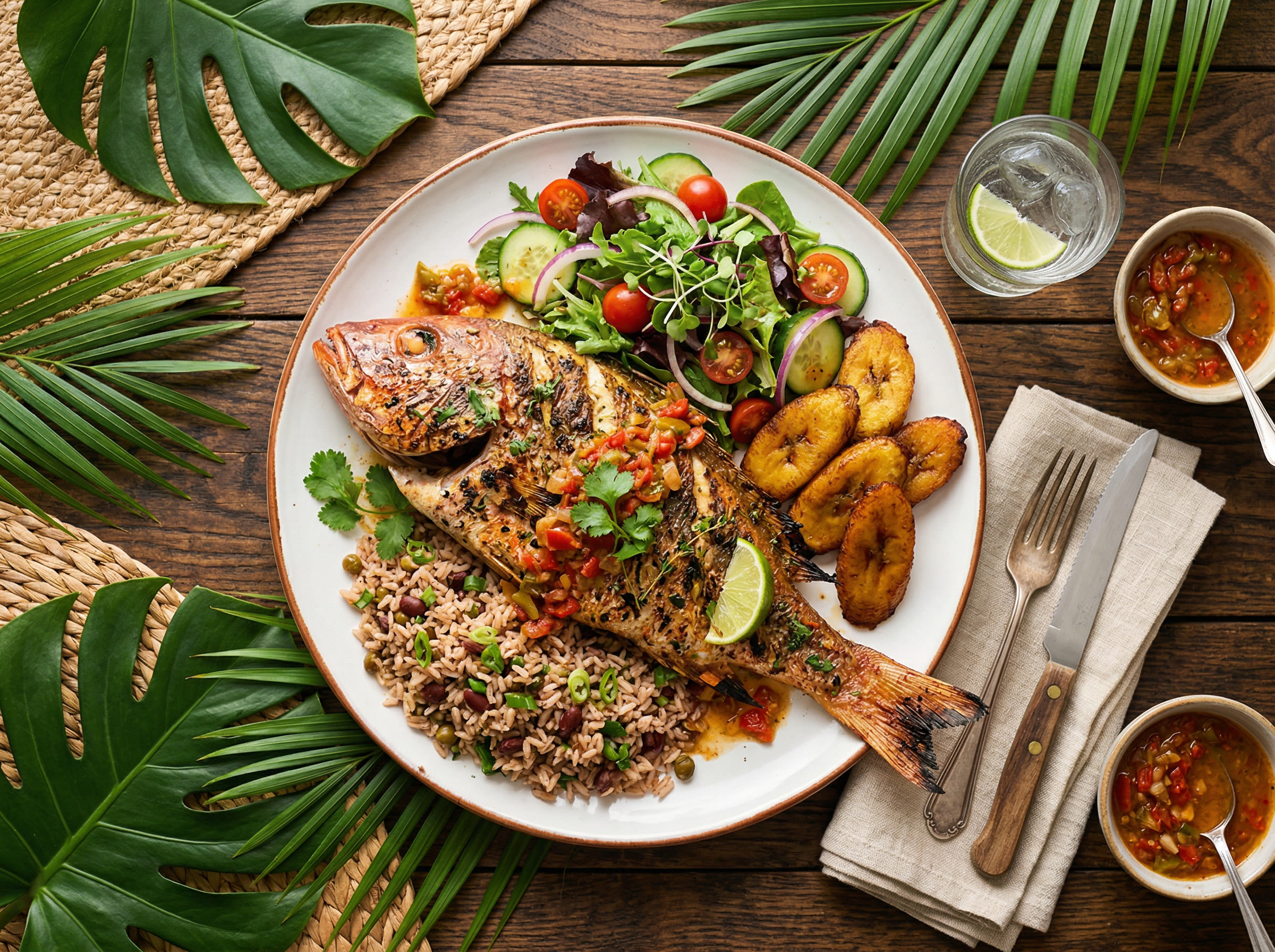 Grilled whole red snapper with rice and beans and plantains