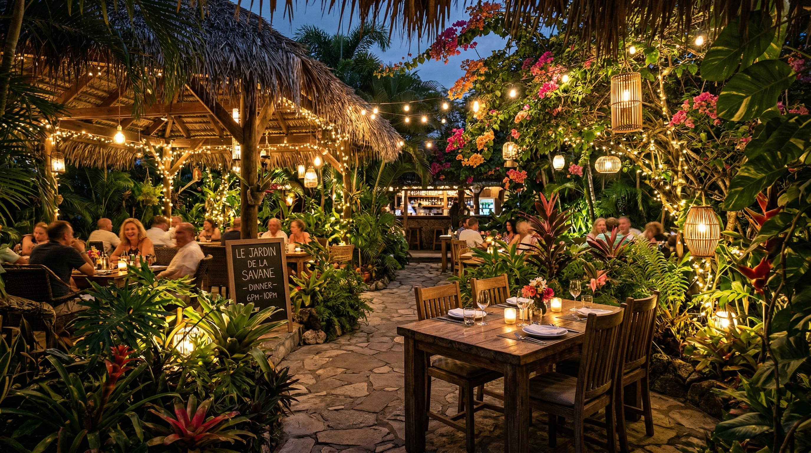 Sandy's Too Garden Lounge — lush tropical garden dining with string lights