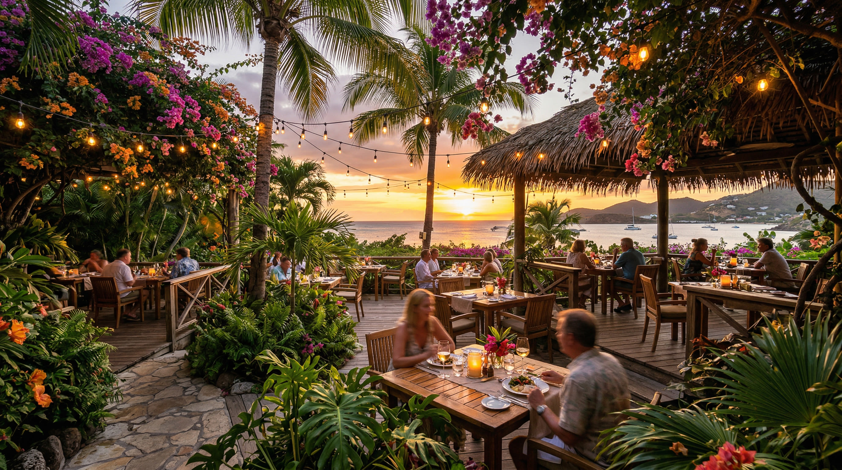 Sandy's Too Garden Lounge — tropical garden dining at sunset in Saint Martin